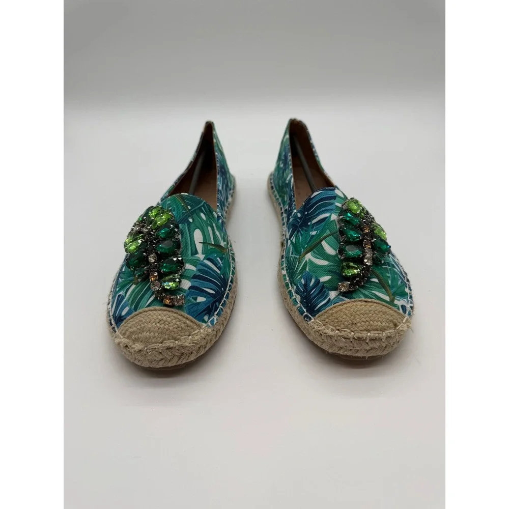 Lauren Lorraine Tropical Palm Print Gemstone Espadrille Flats Green Blue 8.5